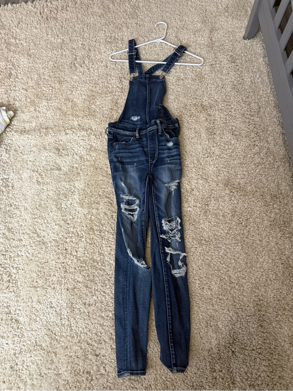 American Eagle Outfitters Dark Blue Distressed Denim Overalls